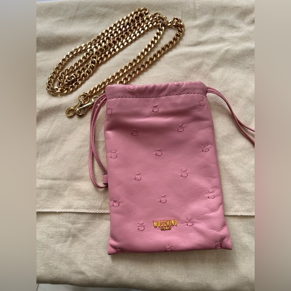Moschino Pink Leather Drawstring Crossbody Pouch with Gold Chain